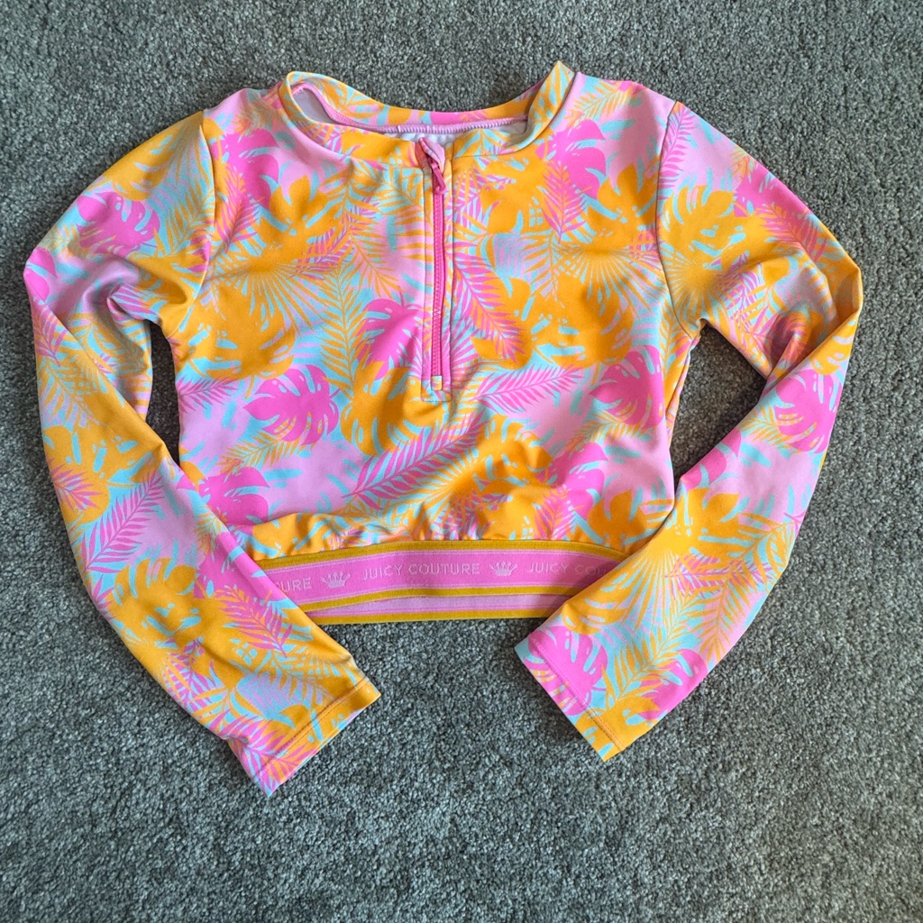 Juicy Couture Pink And Yellow Flora Long Sleeve Girls Swim Top. New W/O Tags